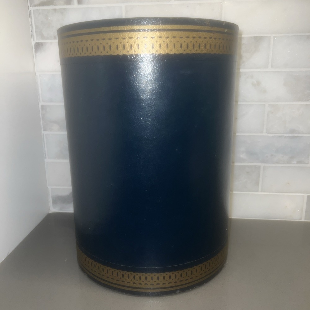 Vintage Round Faux Leather Wrapped Dark Navy W/gold Accents Wastebasket 12 In